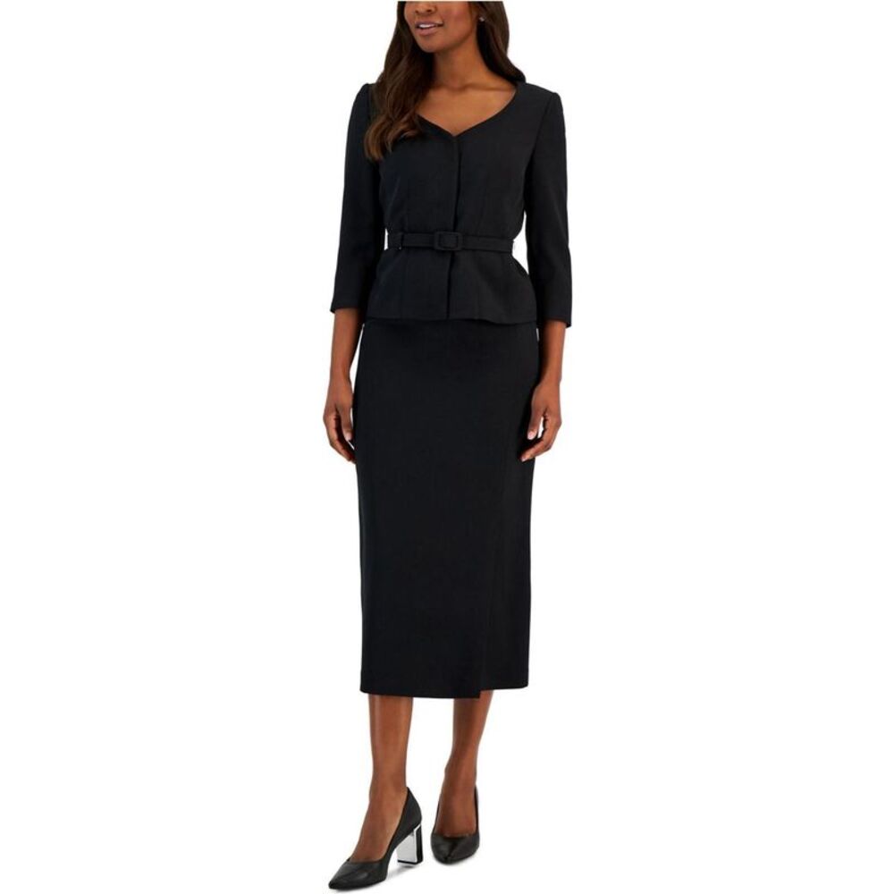 Le Suit Womens Belted 2 Piece Skirt Suit, Black, 12, MP